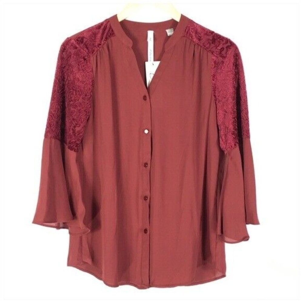 Velvet Embossed Shirt Women Small Burgundy Button Up Bell Sleeve Renaissance